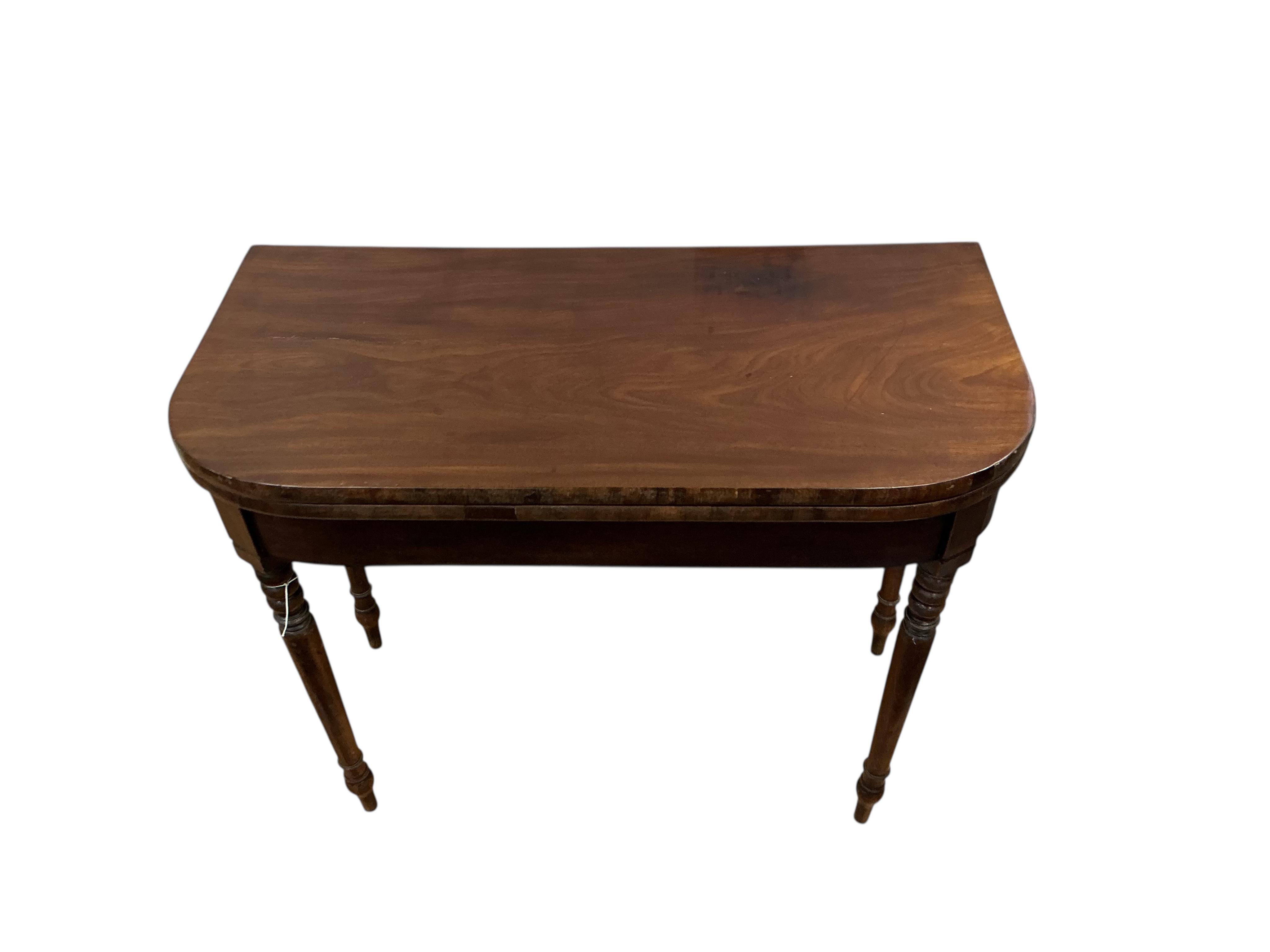 Regency mahogany D shaped folding card table, width 91cm, depth 44cm, height 74cm.